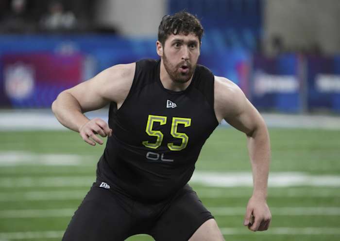 North Dakota offensive lineman Matt Waletzko (OL55) goes through drills during the 2022 NFL Scouting Combine. Mandatory Credit: Kirby Lee-USA TODAY Sports